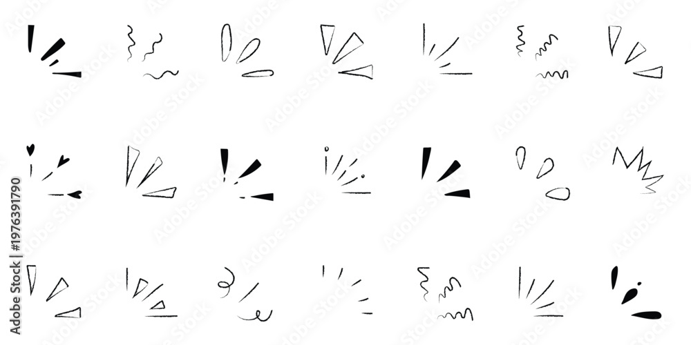 Fototapeta premium Hand drawn black marker explosion and sparkle icons set. Vector sketchy starburst, sunburst, and comic speed line elements for creative graphic design and highlighting. Vector Illustration.