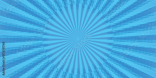 Cyan blue anime comic book zoom background with sunburst rays and halftone dots. Vector manga speed lines and explosive pop art blast effect. Vector illustration.