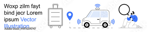 Travel innovation, GPS navigation, ride-sharing services, exploration, technology trends, smart tools. A suitcase, GPS pin autonomous car and person with magnifying glass. Travel innovation and GPS