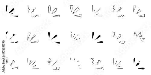 Hand drawn black marker explosion and sparkle icons set. Vector sketchy starburst, sunburst, and comic speed line elements for creative graphic design and highlighting. Vector Illustration.