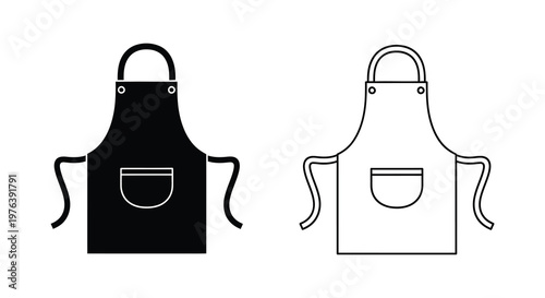 Two aprons one black and one white displayed as a graphic silhouette