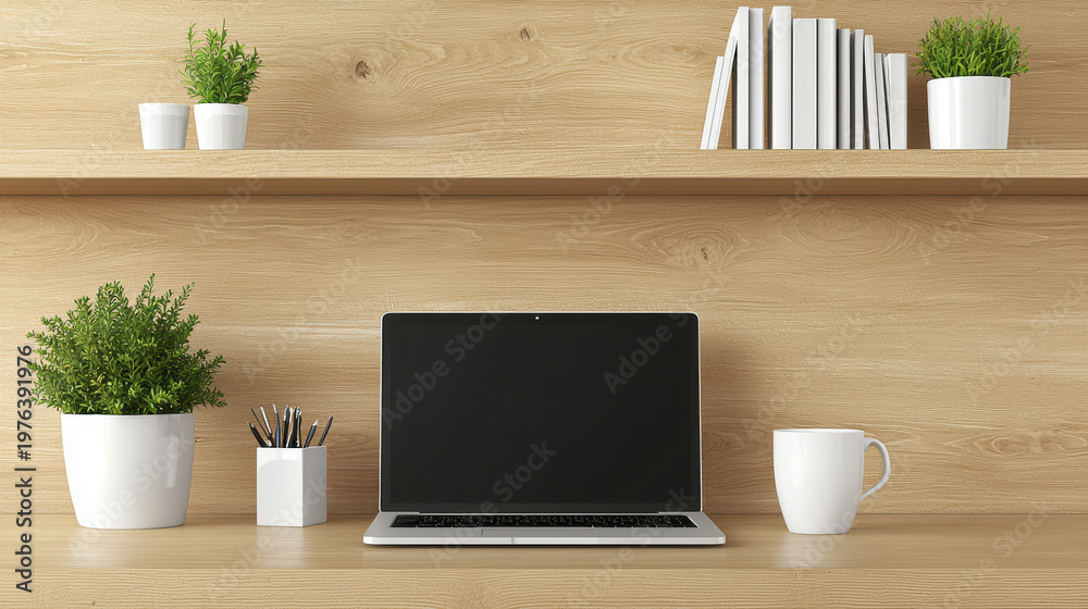 Fototapeta premium Laptop on desk with blank screen is surrounded by plants, books, pens, and a mug against a wooden background in a bright and simple home office scene.