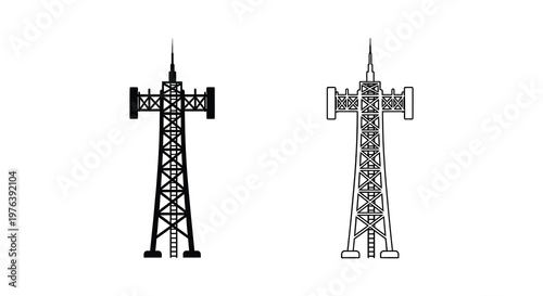 Two identical power transmission towers depicted in a stark black silhouette