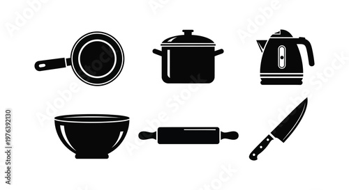 Black kitchenware icons including a kettle pot pan and bowl silhouette