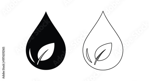 Black and white water droplet icons with leaf inclusions minimalist silhouette