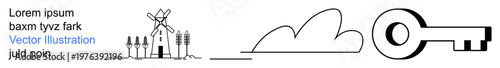 Agriculture, environment, security, wind energy, rural lifestyle, technology. Simple windmill with wheat, cloud shape and abstract key design. Agriculture and environment protection concepts