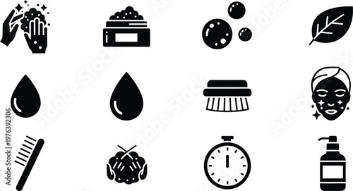 Hygiene and personal care icons: washing hands bubbles skin treatments with face mask, beauty care