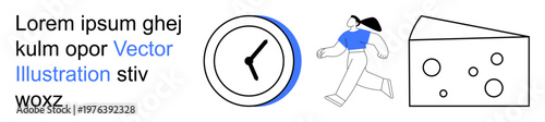 Time management, daily activities, minimal design, productivity , lifestyle balance, abstract graphics. A clock, a walking person and a cheese slice. Time management and daily activities concepts