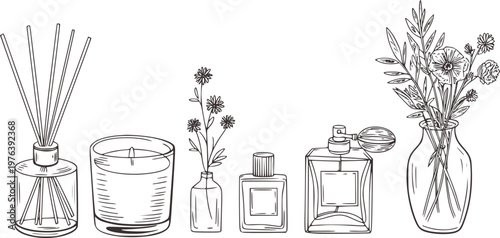 Line collection of home fragrance diffuser candle and perfume bottles with flowers