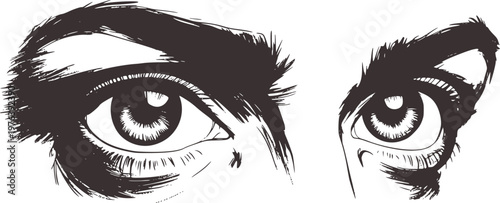 Intense Dark Gray Eyes with Expressive Eyebrows White Background gaze stare