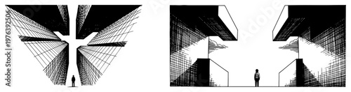 Skyscrapers forming narrow urban corridor with small person standing in perspective in vintage engraving style