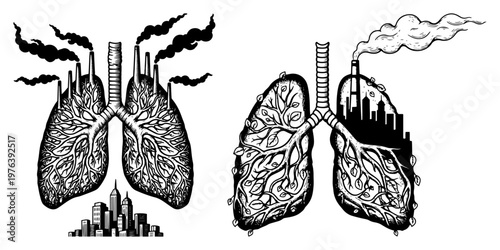 Human lungs integrated with industrial factories and green trees in vintage engraving style