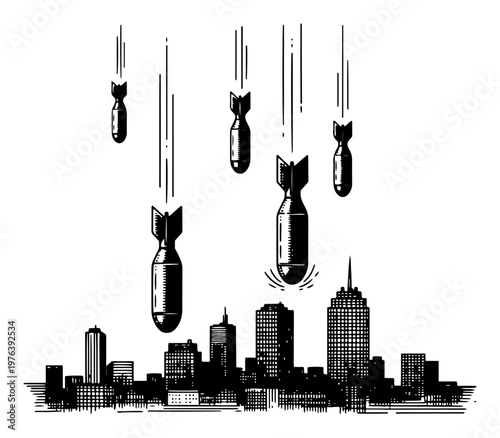 Bombs falling over city skyline during air raid in vintage engraving style