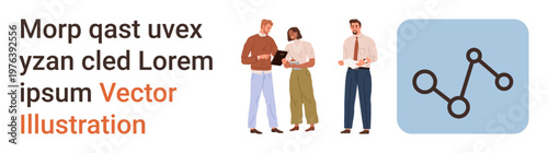 Business teamwork, analytics, communication, collaboration, presentation, and professional growth. Three individuals engaging in a discussion and a graphical line chart. Teamwork and data analytics