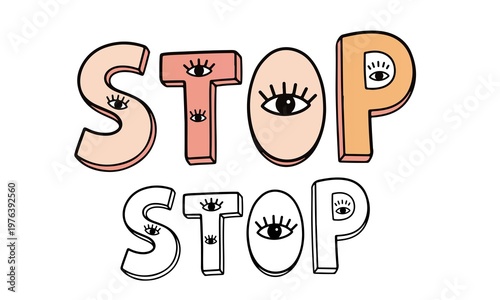 Creative Typography Illustration of STOP Featuring Stylized Eyelash Eye Motifs, vector