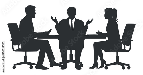 Business meeting silhouette with three people discussing ideas around a table in an office