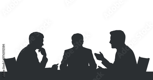 Business meeting silhouette of three men in discussion during a corporate conference with white background