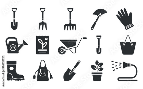 Gardening tools and supplies collection in a flat design style