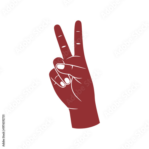 Hand showing the victory gesture with two fingers up against a white background