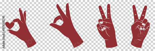 Red Hands Gesturing Peace and Okay Signs Against Transparent Background