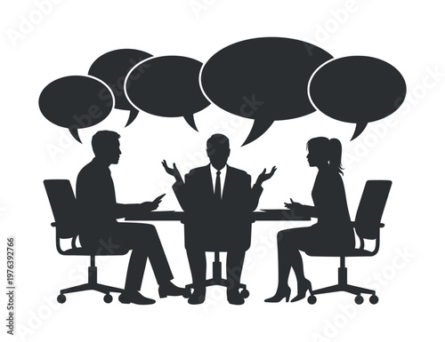 Silhouettes of people in a meeting with speech bubbles representing communication and discussion