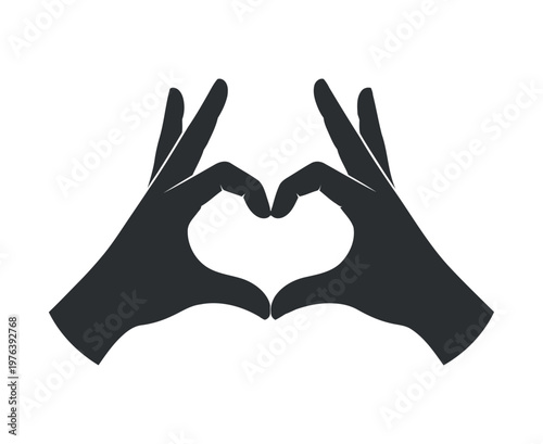 Two hands forming a heart shape silhouette against a white background for romance and care concepts