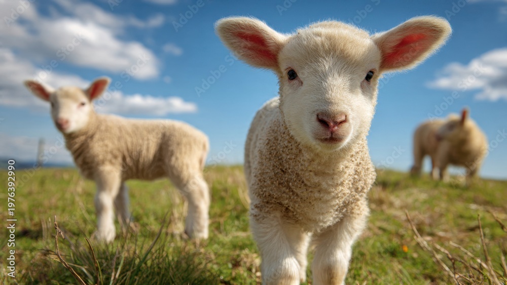 Fototapeta premium Cute Baby Lambs Grazing in Sunny Meadow