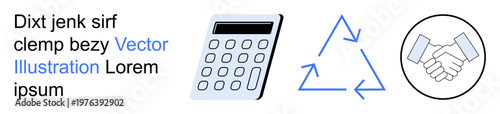 Business strategies, environmental awareness, teamwork, calculations, eco-conscious operations, sustainable practices. A calculator, recycling arrows and handshake icons. Business strategies