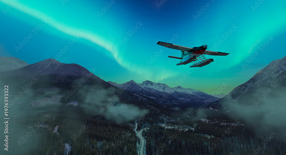 Naklejka premium Seaplane Flying Over Snowy Mountain Valley Under Aurora Borealis Night Sky, 3D Rendering Aircraft in BC