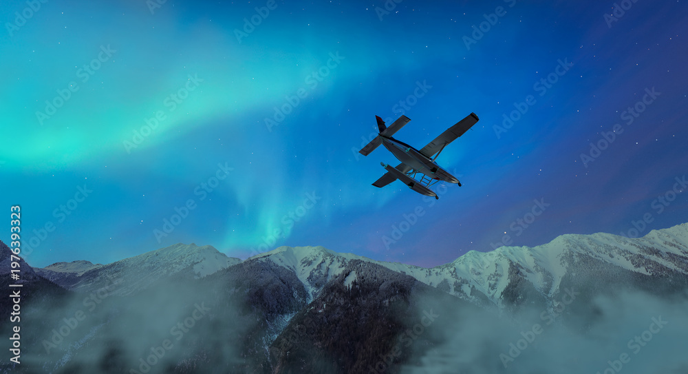 Naklejka premium Seaplane Flying Over Snowy Mountains Under Northern Lights Aurora in 3D Rendering