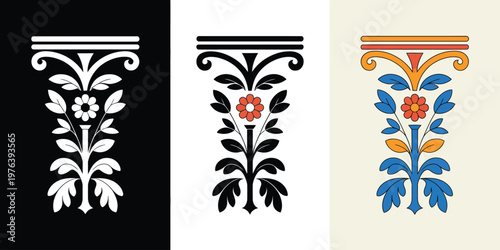 Three stylized floral column capitals with ornate foliage and berries