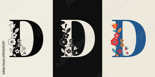 Three stylized letter D with floral and flame motifs in black white and blue