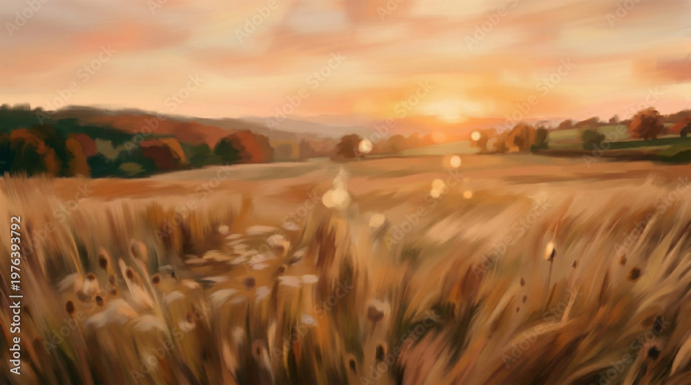 Fototapeta premium Abstract warm landscape of dry wildflower and grass meadow on warm golden hour sunset or sunrise time.