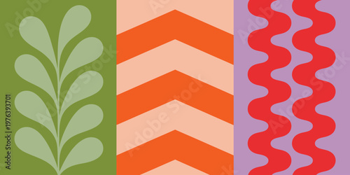 Vibrant abstract composition with green plant leaf and orange zigzag pattern