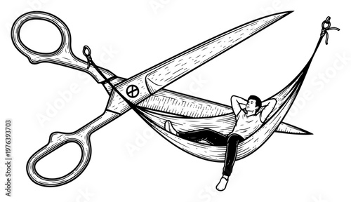 Man relaxing in a hammock made of giant scissors representing cutting ties or taking a break vintage engraving style