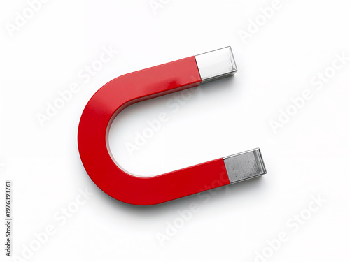 Red horseshoe magnet creating magnetic field on white background