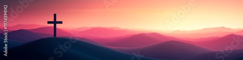 A silhouette of a cross atop a hill overlooking a mesmerizing landscape at dawn