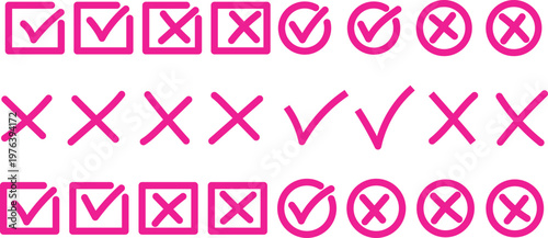 Colorful Check Marks Hand-drawn Doodle Set. Tick, Cross Sing For Checkbox, Checklist, Sketch Set.