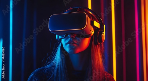 Woman experiencing virtual reality with VR headset on.  The scene is illuminated by neon lights