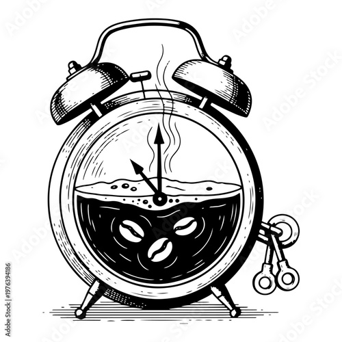 Alarm clock filled with liquid coffee and coffee beans representing morning routine vintage engraving style