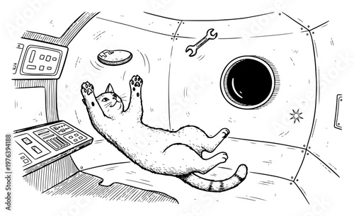 Cat floating in zero gravity inside spaceship cabin with tools vintage engraving style