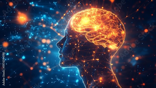 A person with a glowing brain and connected network, representing intelligence and thought. The silhouette of a head shows the brain lit up with vibrant colors.