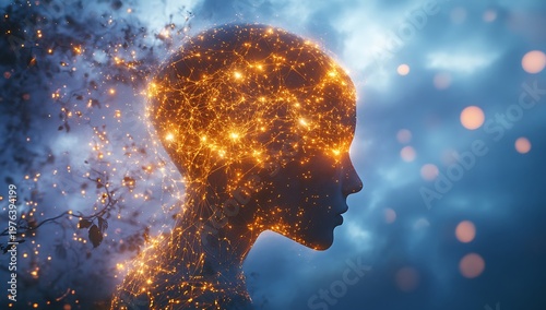 An artistic portrait of a mind silhouette filled with glowing particles