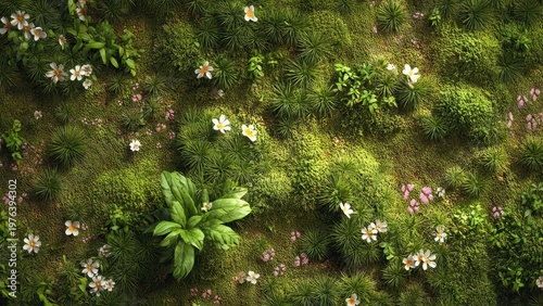 Lush Green Moss with White and Pink Flowers