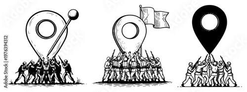 Soldiers raising a giant map pin location icon representing military strategy and occupation vintage engraving style