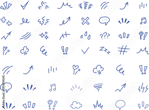 Collection of hand-drawn doodle style blue symbols and icons