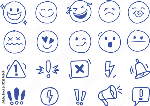 Hand drawn doodle set of various emotional facial expression icons