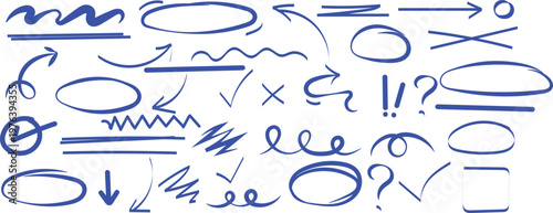 Hand drawn blue marker elements including arrows, circles, and underlines