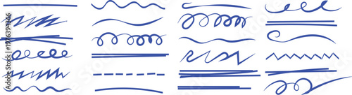 Collection of hand drawn blue marker lines and various doodle shapes.