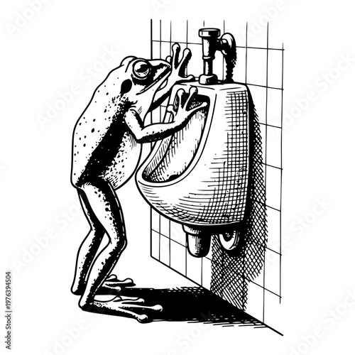 Giant frog using a public restroom urinal representing humorous anthropomorphic scene vintage engraving style